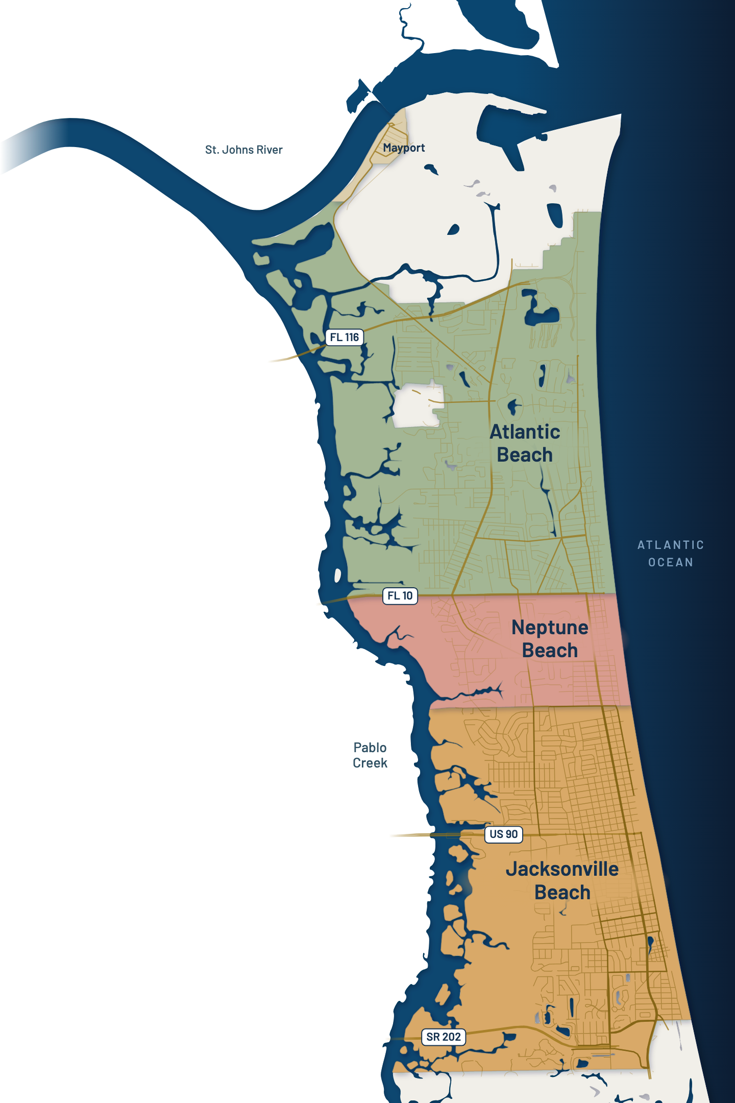 Map of the Dune Runner service area: the barrier island from Mayport through Jacksonville Beach, between the Intracoastal and the Atlantic Ocean