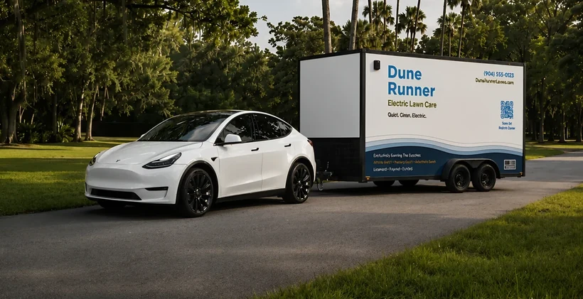 A white Tesla Model Y towing the Dune Runner electric lawn care trailer on a tree-lined beach road